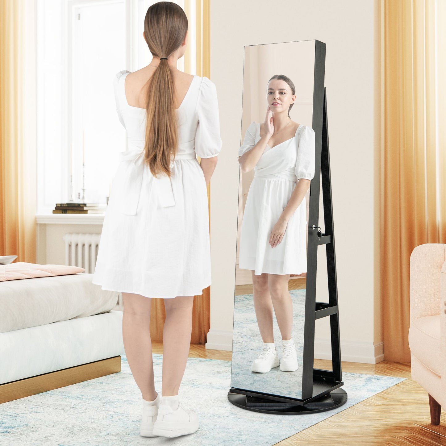 360-Degree Mirrored Jewelry Armoire with 3-Color Auto-On LED Lights