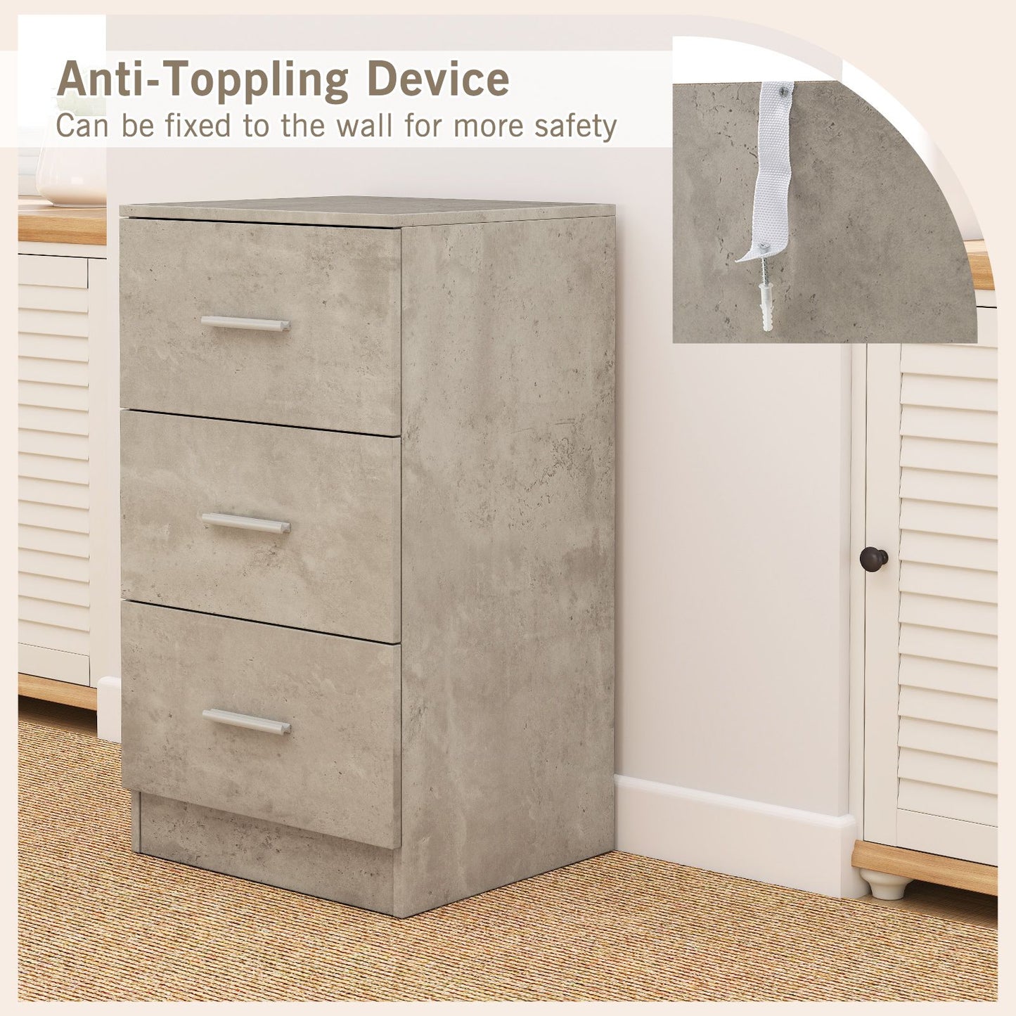 3-Drawer Wooden Dresser Cabinet with Anti-Toppling Device