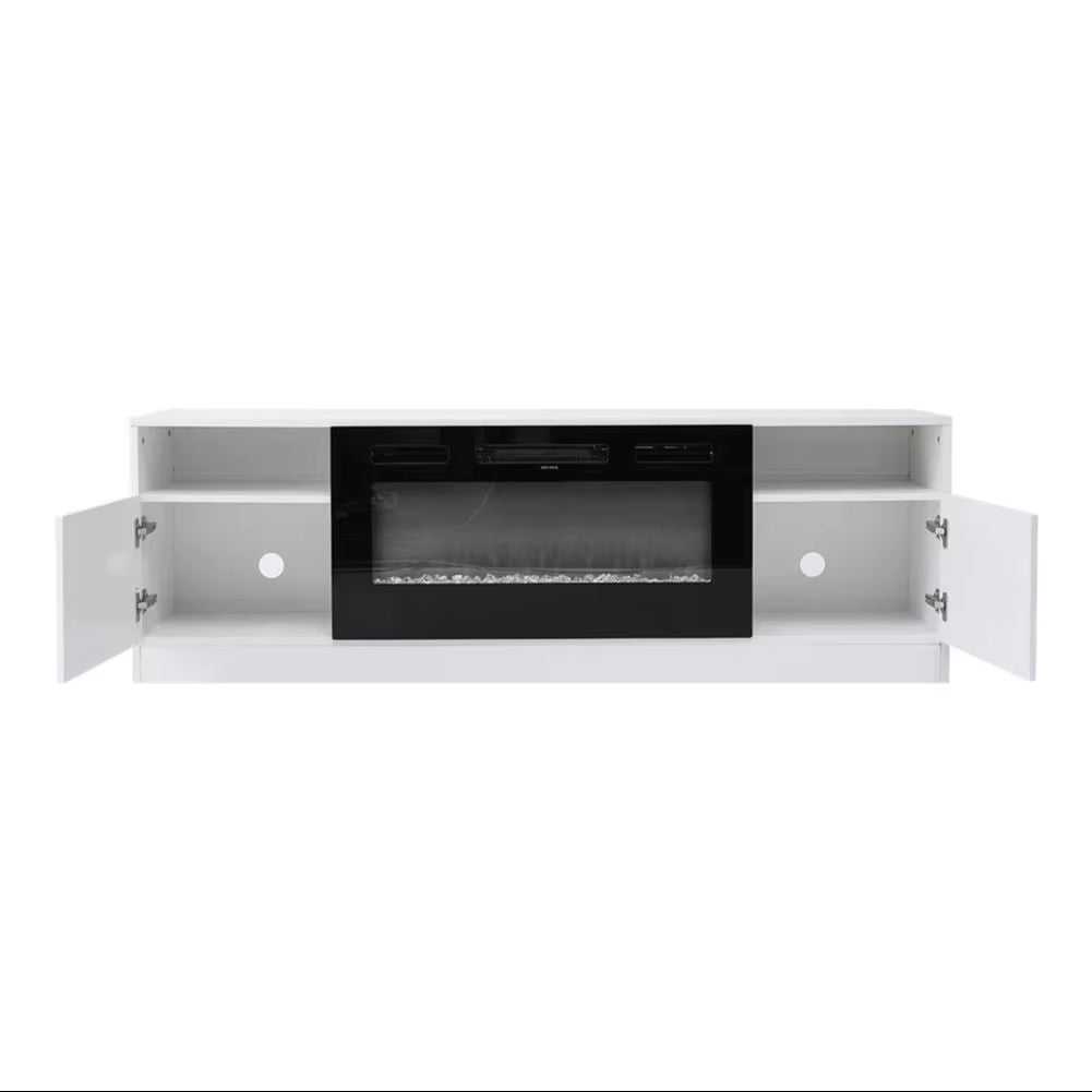 Modern Electric Fireplace TV Stand 178Cm White with Adjustable Flame, Remote and Storage