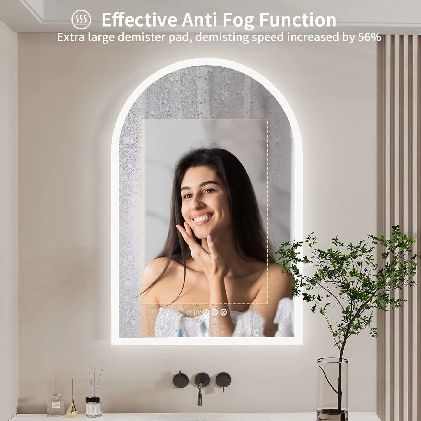 Illuminate Your Space: 36" x 24" Arched Dimmable Backlit Smart LED Bathroom Mirror with Anti-Fog, Time & Temperature Display, and CRI 95