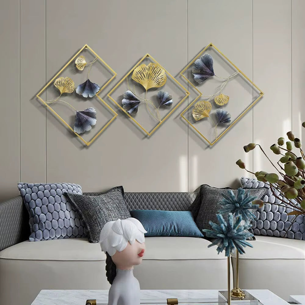 3 Pack Ginkgo Wall Decoration 3D Metal Wall Decor Leaf Wall Background for Living Room Home Office