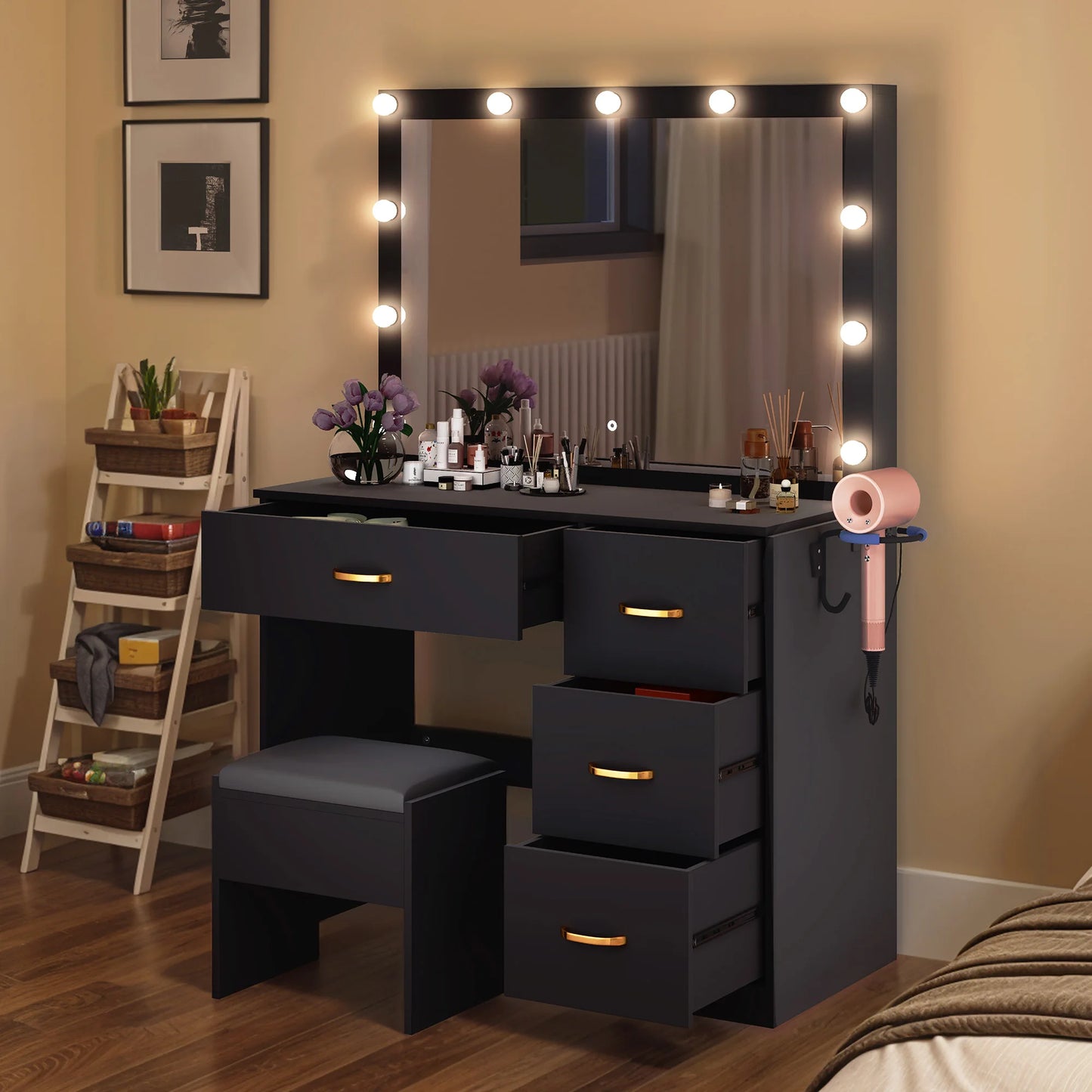 Black Dressing Table - LED Vanity Desk with Adjustable Mirror, 4 Drawers & Power Outlet, 90X40X136Cm