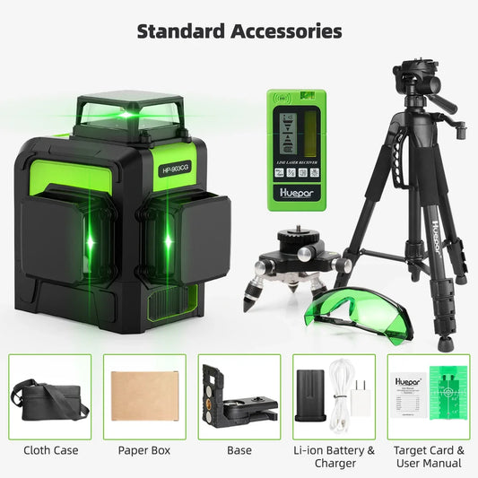 903CG 12-Line 3D Cross Laser Level - Precision Osram Green Laser Technology, Self-Leveling 360° Alignment, Complete with Receiver and Tripod
