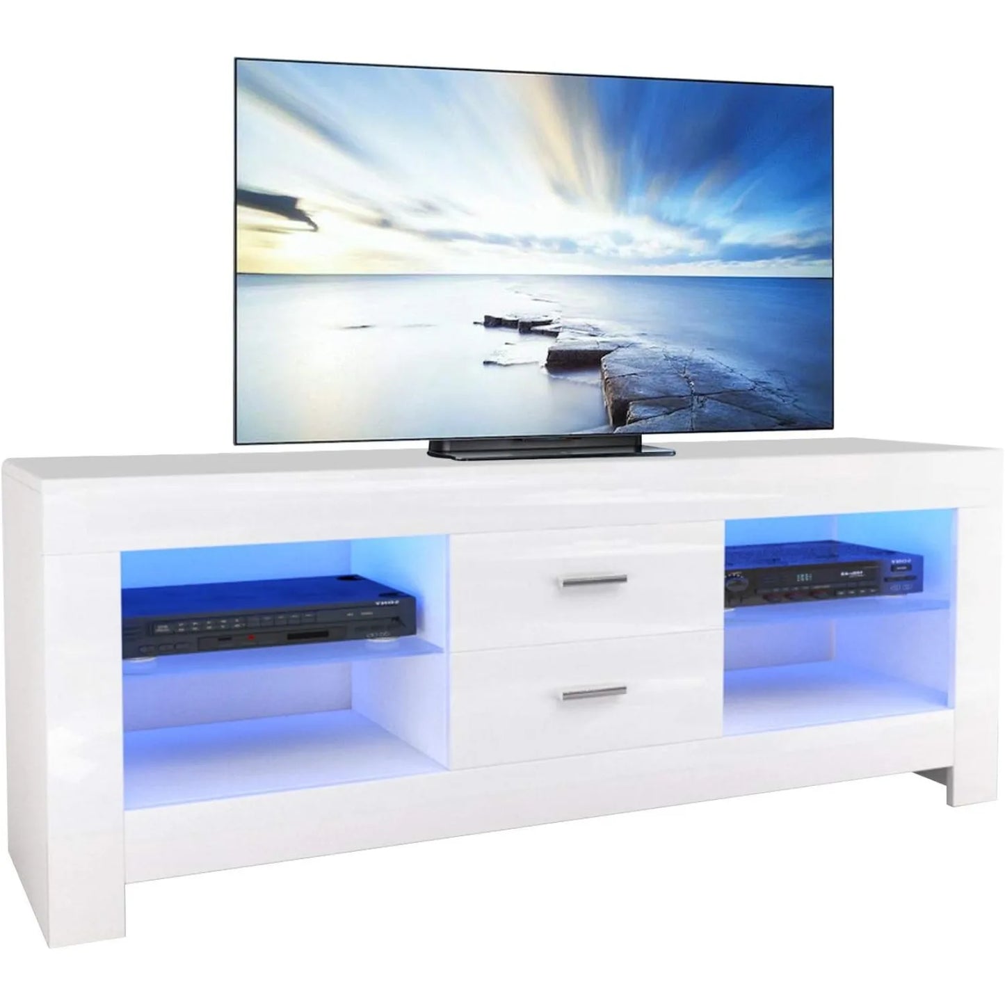 LED TV Stand Cabinet with Drawer and Shelves, 130Cm Modern TV Stand with Lights for 22"-52" Tvs for Living Room, White Cream