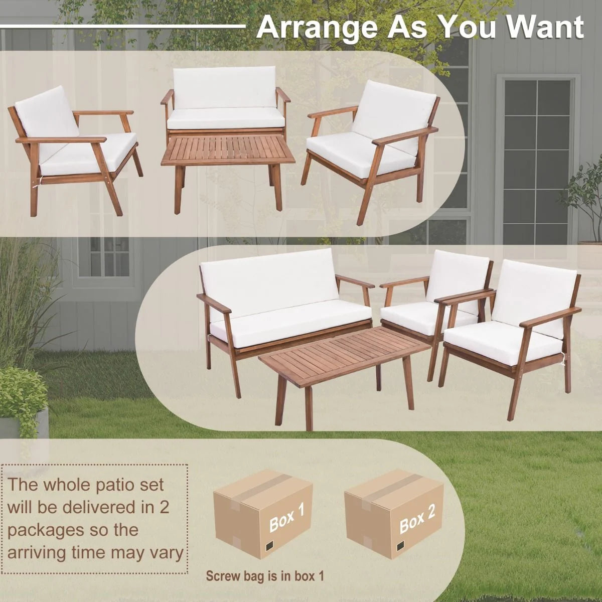 4 Piece Outdoor Conversation Set with Soft Seat and Back Cushions