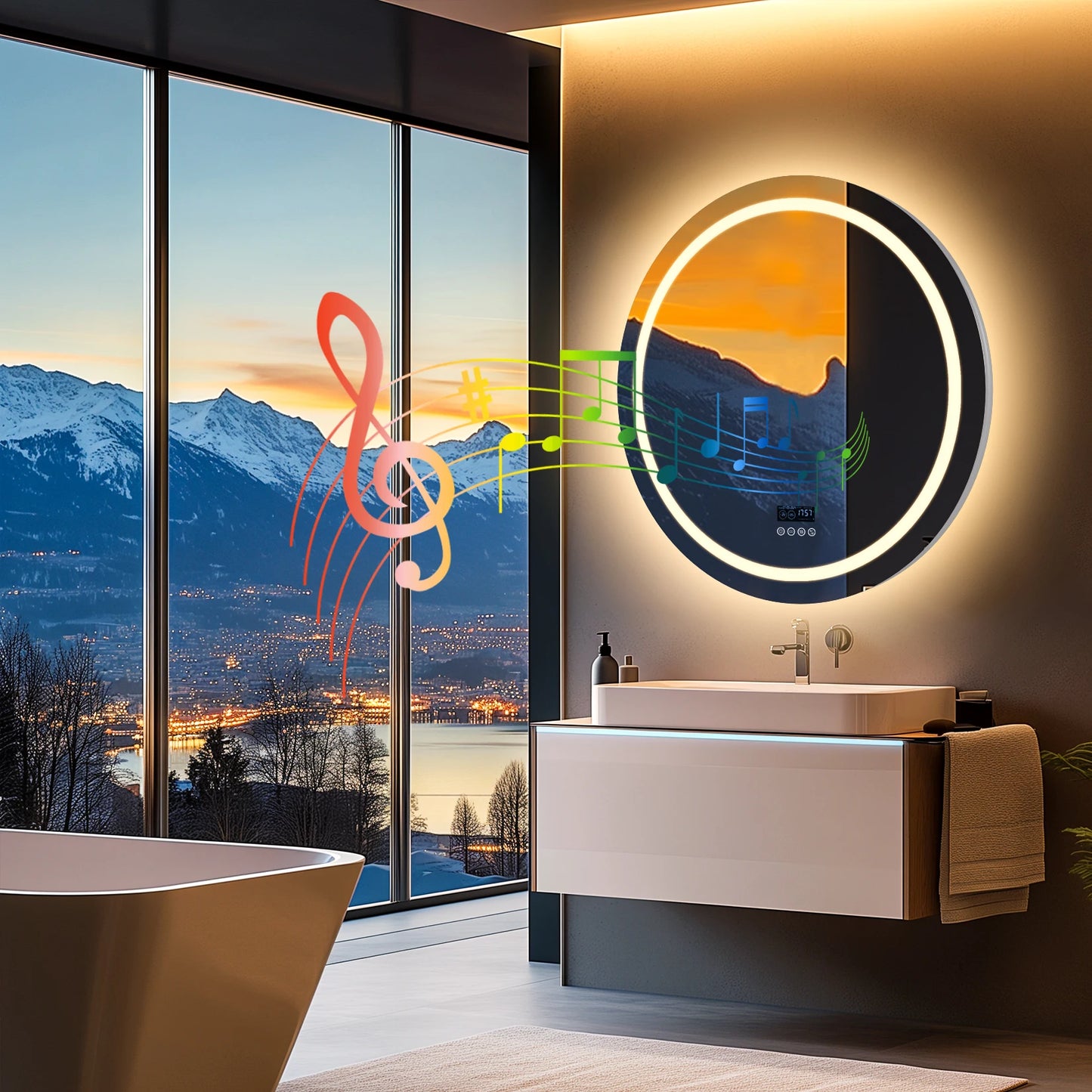 32" x 32" Wall-Mounted LED Bathroom Mirror with Dimmable 3-Color Lighting, Bluetooth Speaker, Anti-Fog Feature, and Memory Function