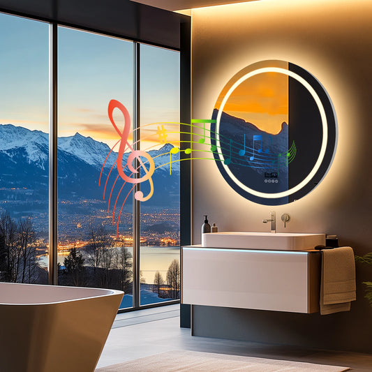 32" x 32" Wall-Mounted LED Bathroom Mirror with Dimmable 3-Color Lighting, Bluetooth Speaker, Anti-Fog Feature, and Memory Function