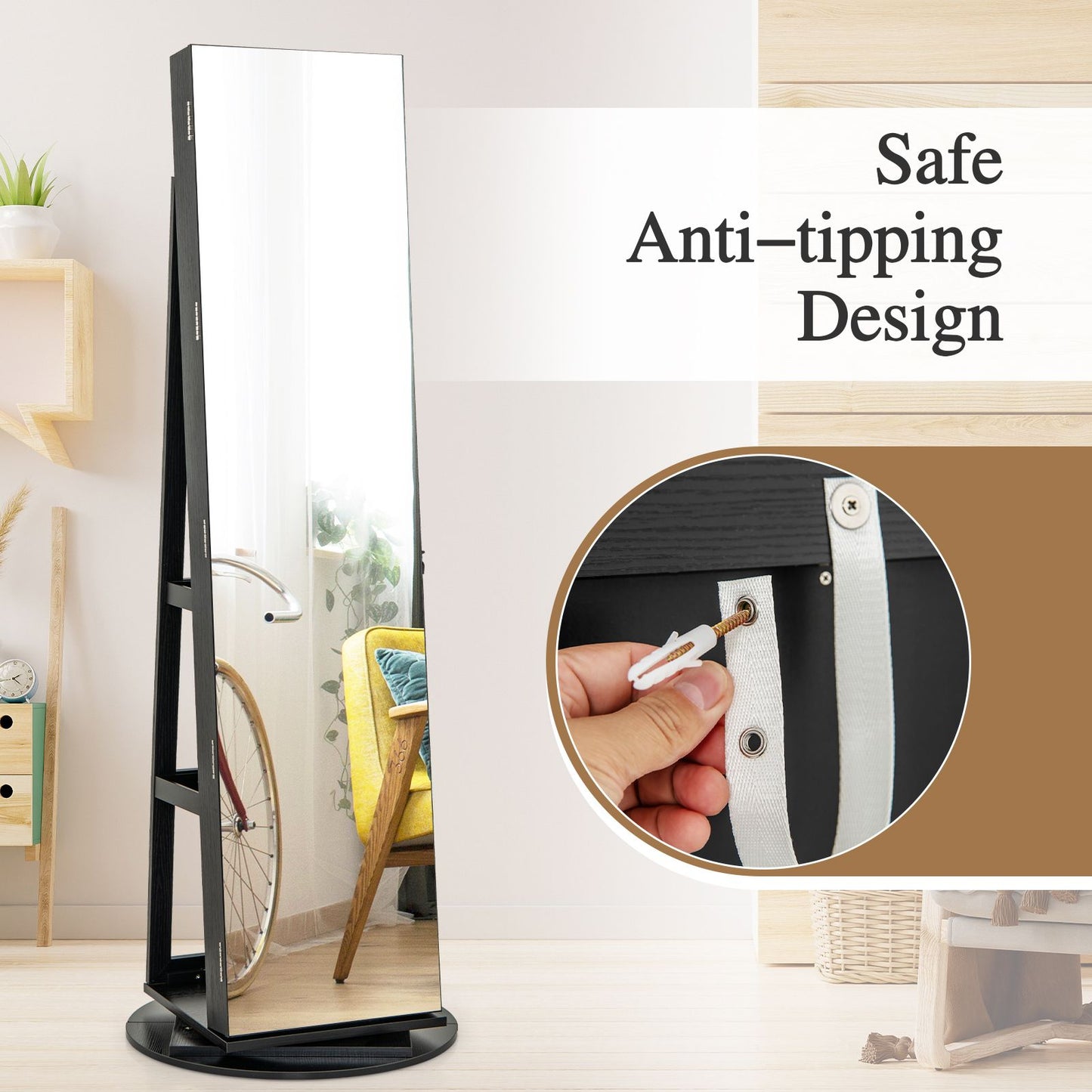360-Degree Mirrored Jewelry Armoire with 3-Color Auto-On LED Lights