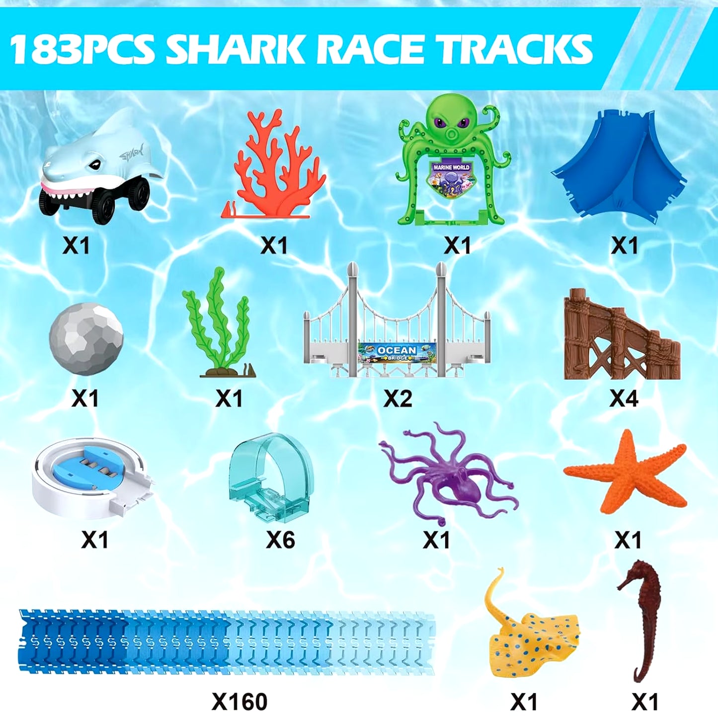 Shark Race Car Track Set - Bendable Flexible Racetrack for Kids 3+ | STEM Ocean Train Toy for Boys & Girls
