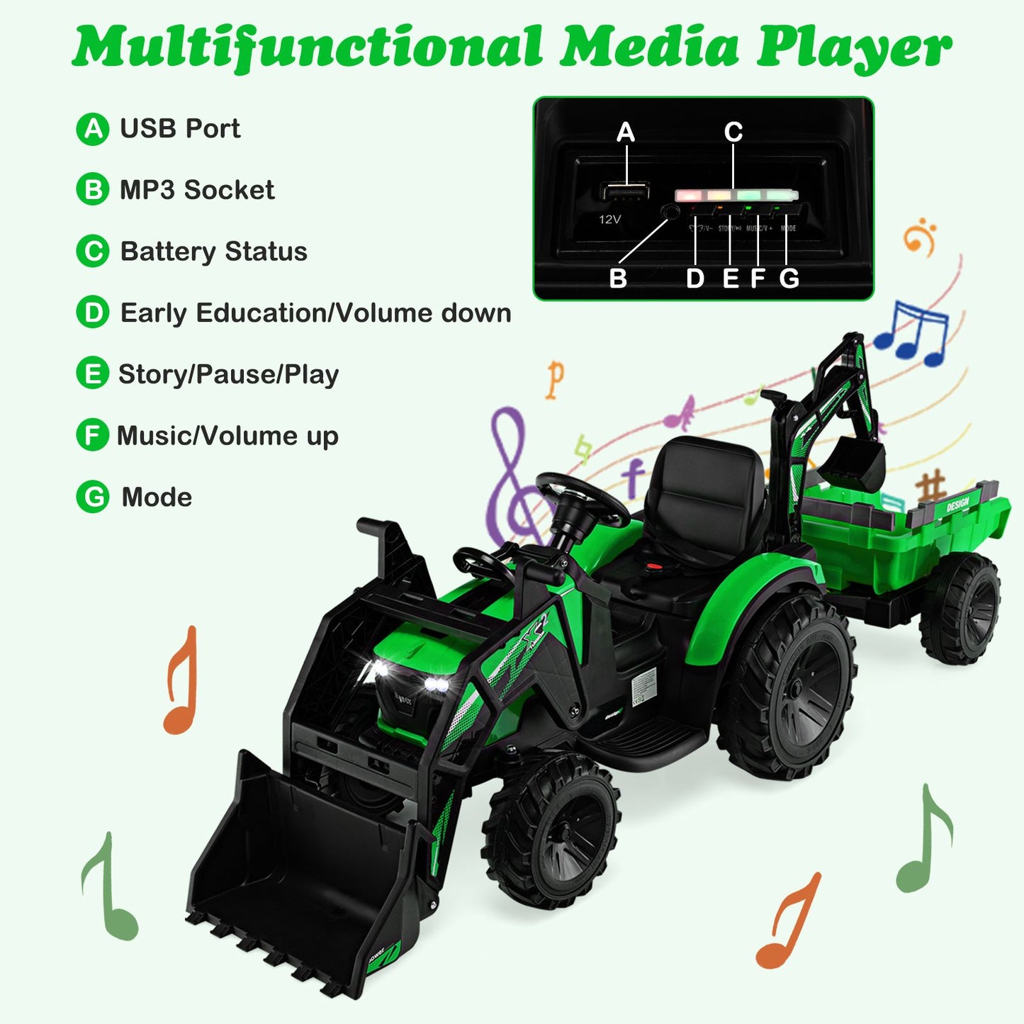 3 in 1 Ride on Tractor and Trailer with Shovel Bucket