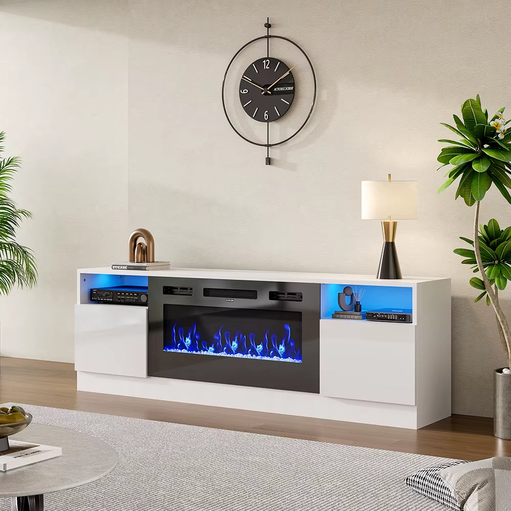 Modern Electric Fireplace TV Stand 178Cm White with Adjustable Flame, Remote and Storage