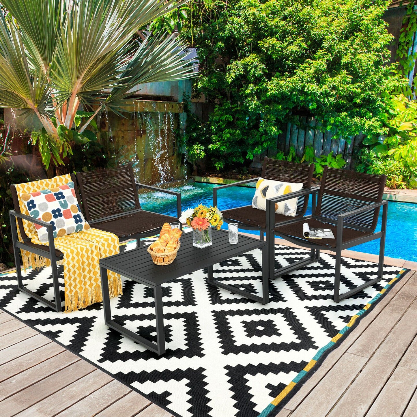 4 Piece Patio Furniture Set with Loveseat Single Chairs and Table