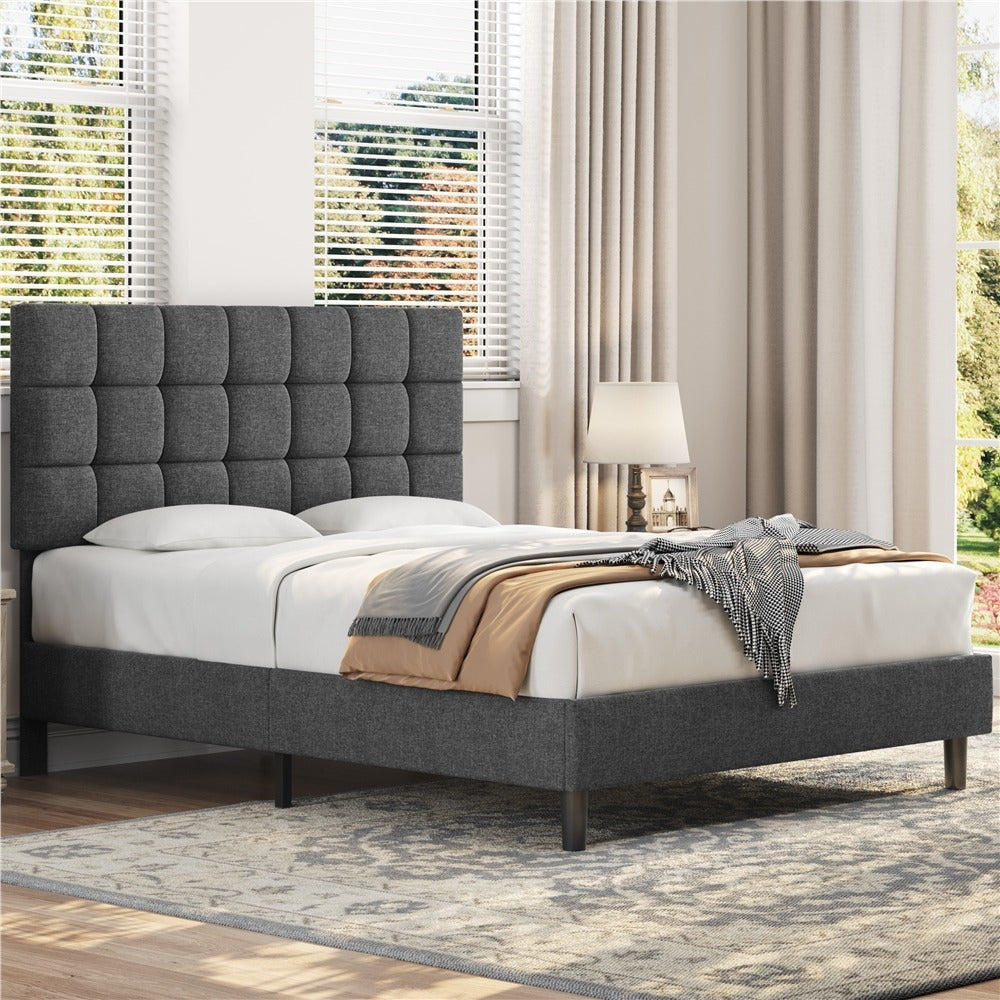 Upholstered Bed Frame, Modern Platform Bed Frame with Strong Wooden Slats Support and Square Tufted Headboard Height Adjustable