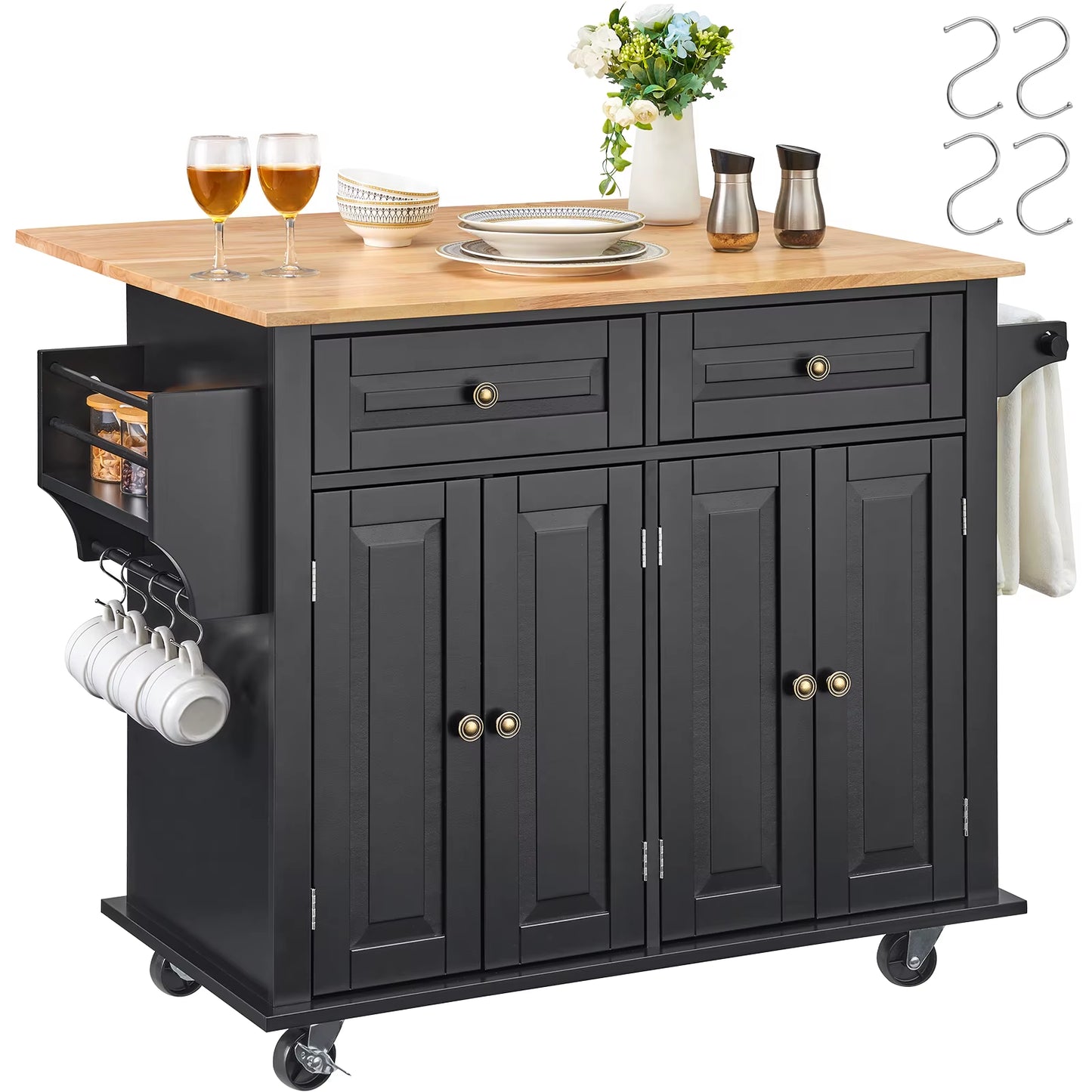 43" Kitchen Island Cart Wood Top Mobile Carts with Storage Cabinet Rolling Table with Drop Leaf Spice Rack Towel Bar Black