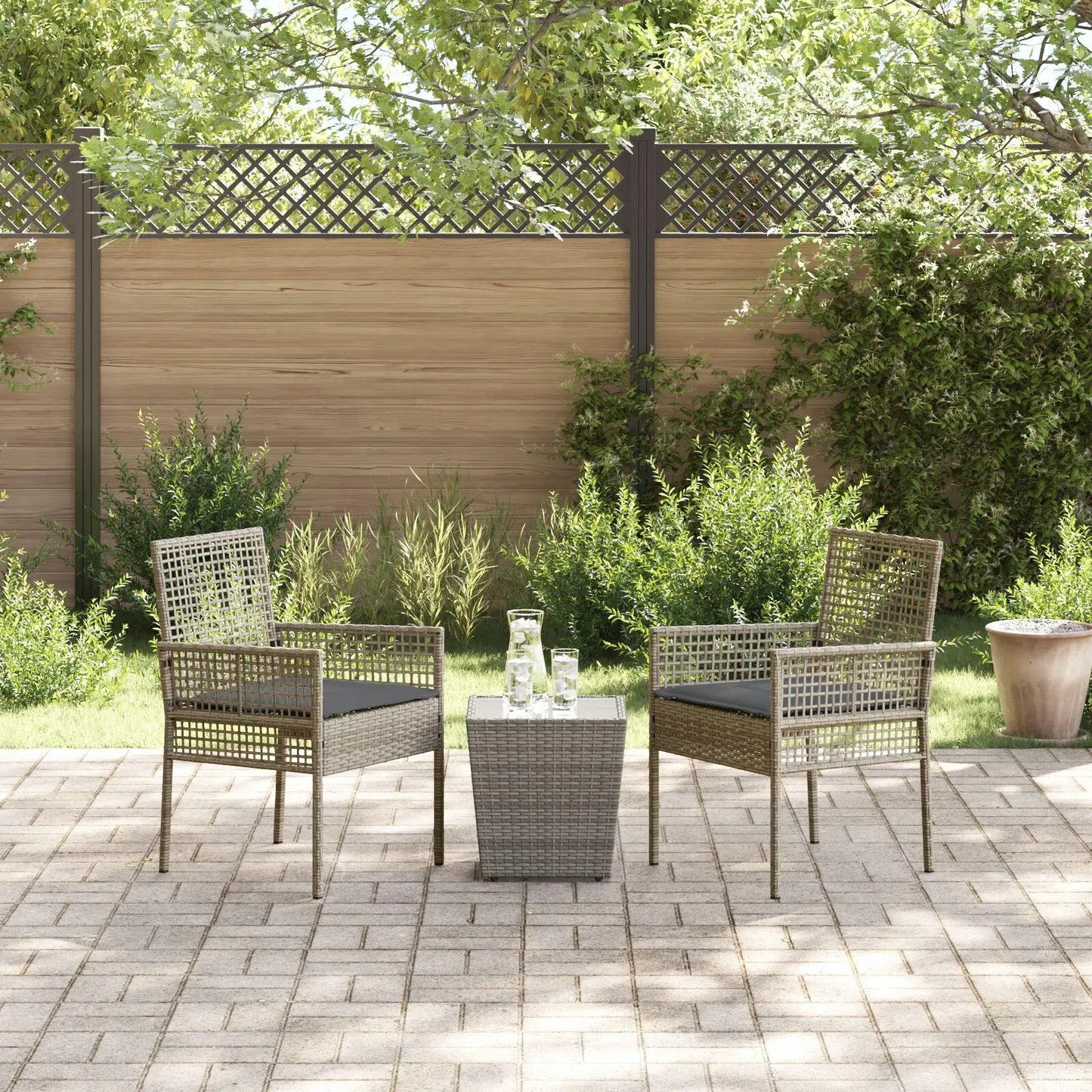 3-Piece Grey Poly Rattan Garden Bistro Set with Cushions for Outdoor Use