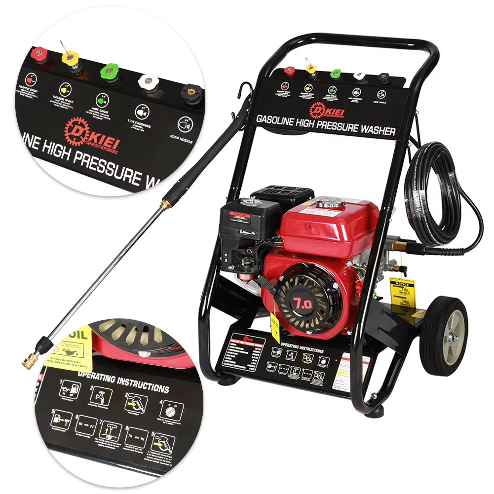 Heavy-Duty Metallic Pump Petrol Pressure Washer with 5 Quick-Connect Nozzles, Built-In Wheels & Large Tank for Cars