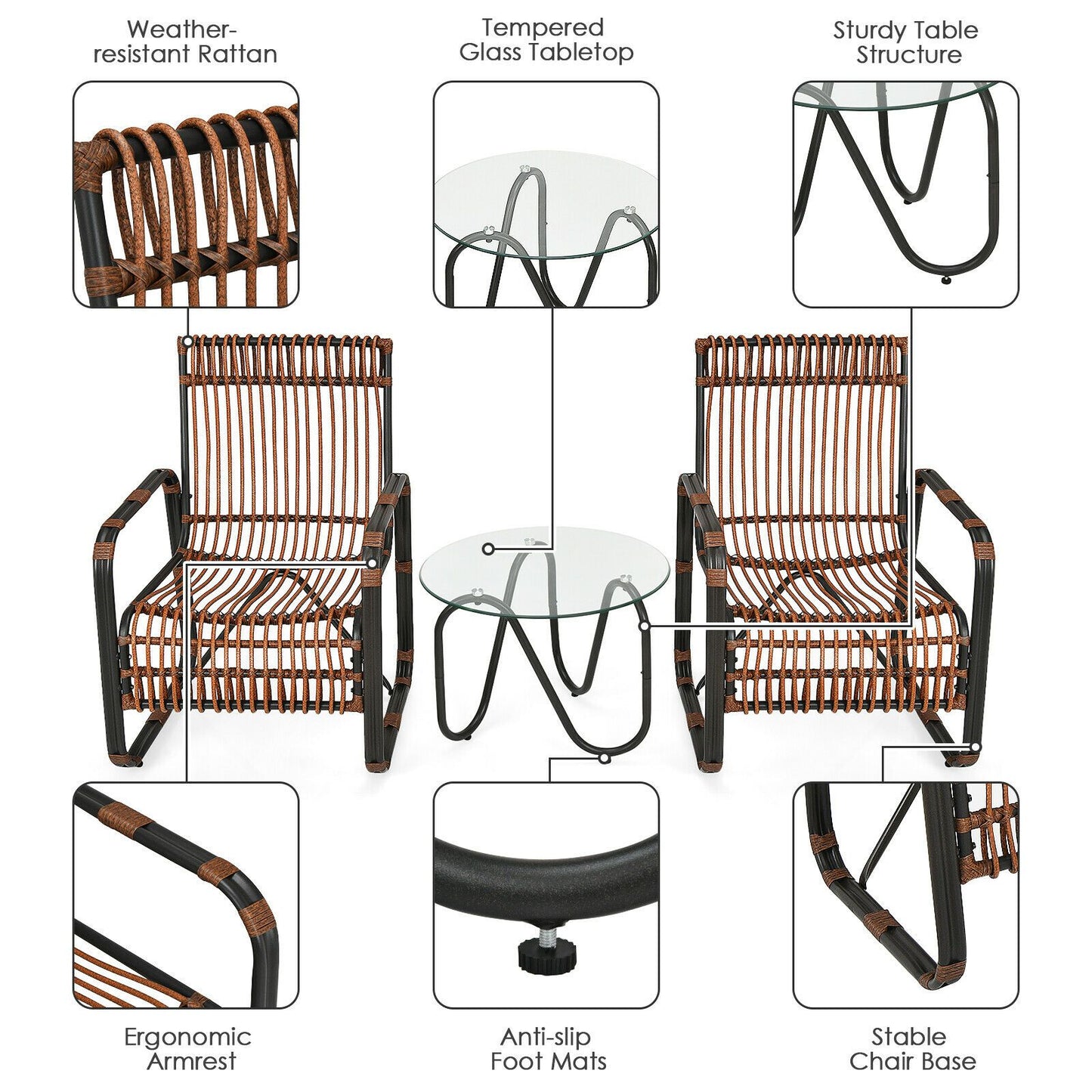 3 Piece Rattan Furniture Set with 2 Armchairs and Glass Coffee Table