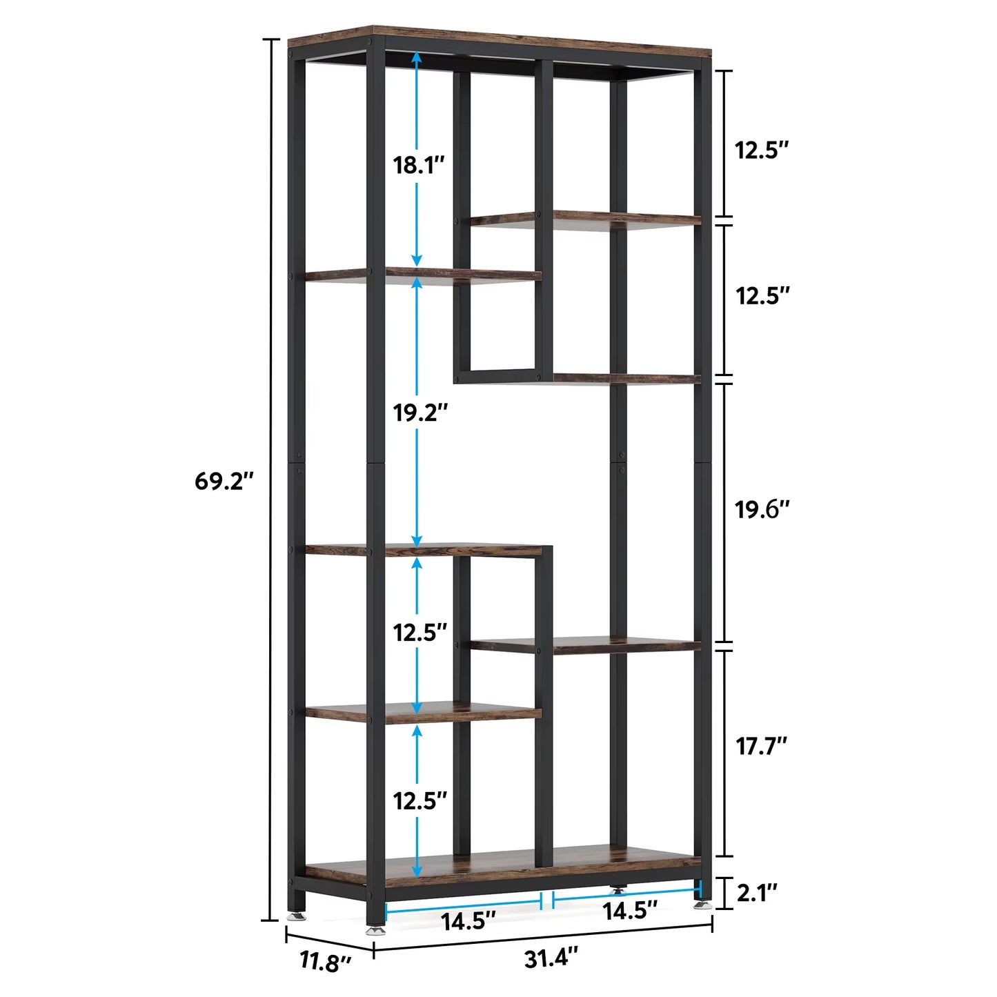 6-Tier Tall Bookshelf Bookcase, Industrial 8-Shelf Open Bookcase Storage Display Book Shelves