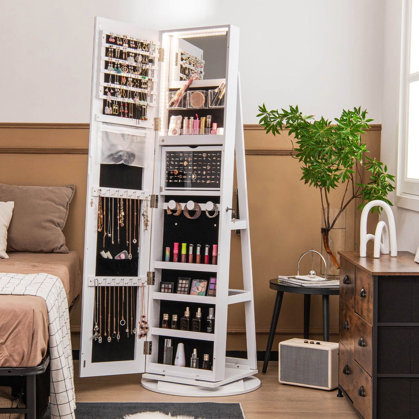 360-Degree Mirrored Jewelry Armoire with 3-Color Auto-On LED Lights