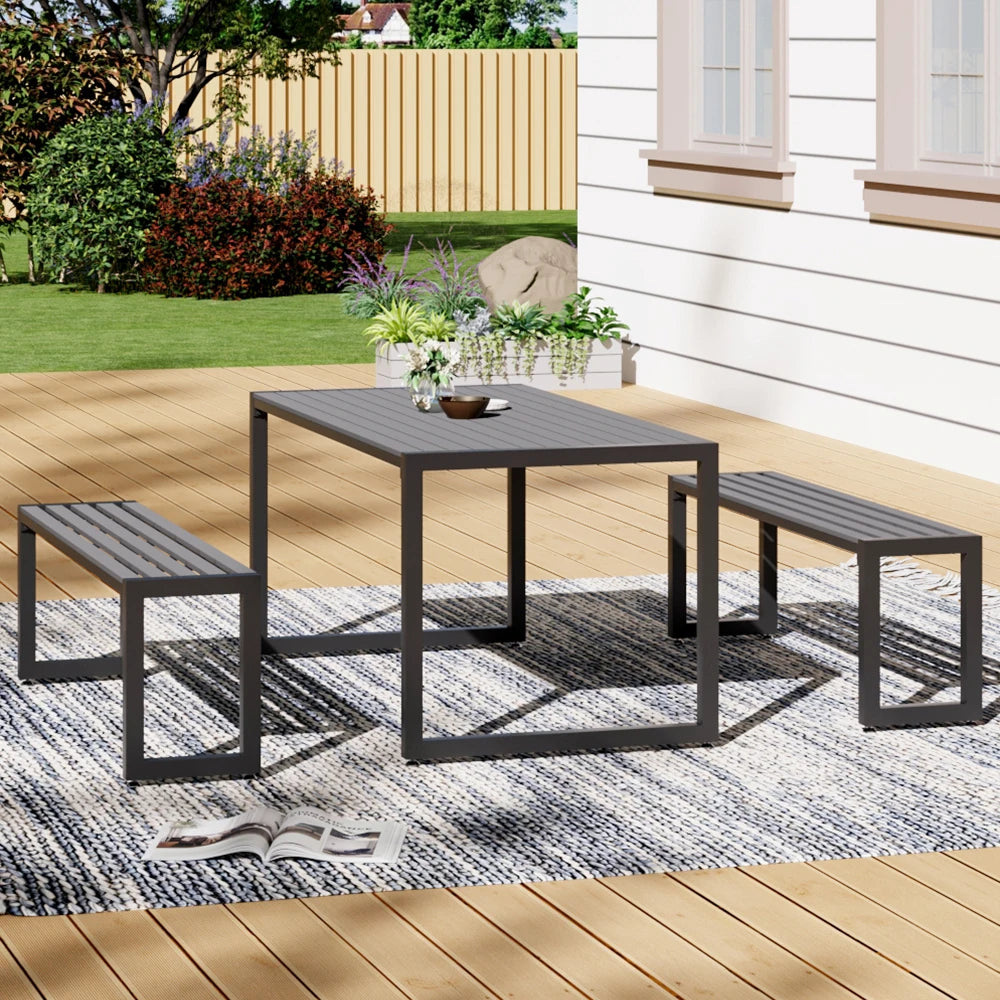 Outdoor Wooden and Metallic Dining Table with Parasol Hole and Benches Set