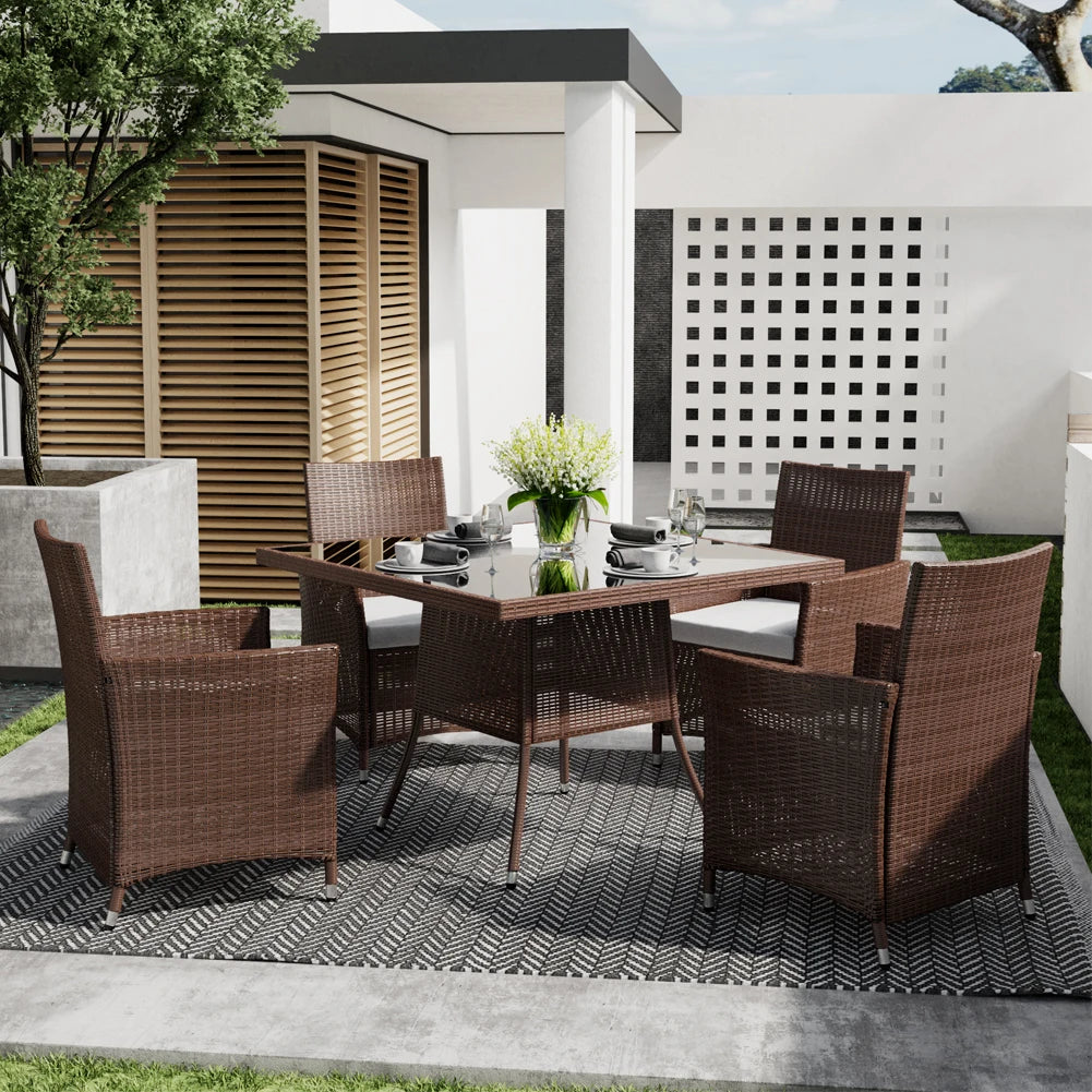 Garden Wicker Table with Tempered Glass and Parasol Hole