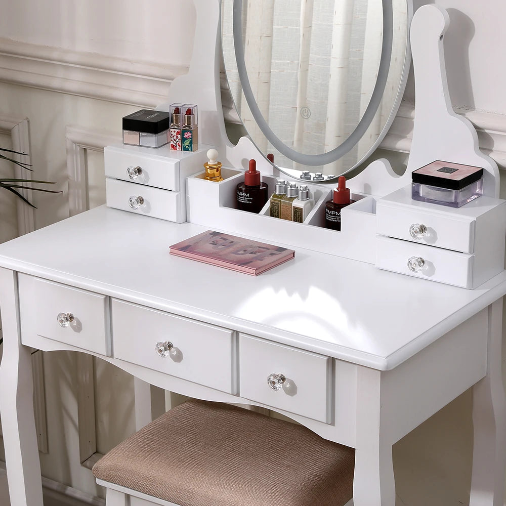 Modern Vanity Makeup Table and Cushioned Stool Set with 7 Drawers