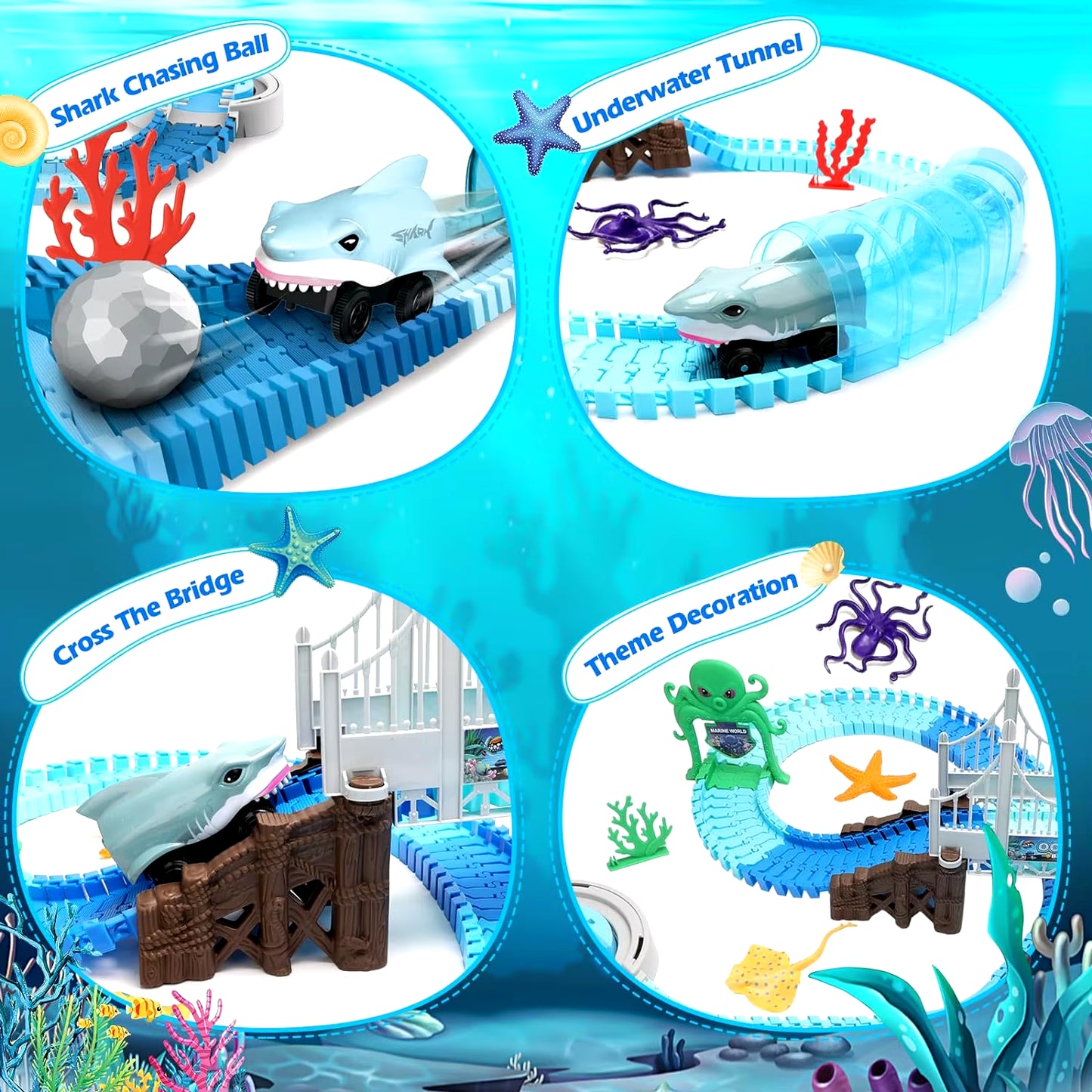 Shark Race Car Track Set - Bendable Flexible Racetrack for Kids 3+ | STEM Ocean Train Toy for Boys & Girls