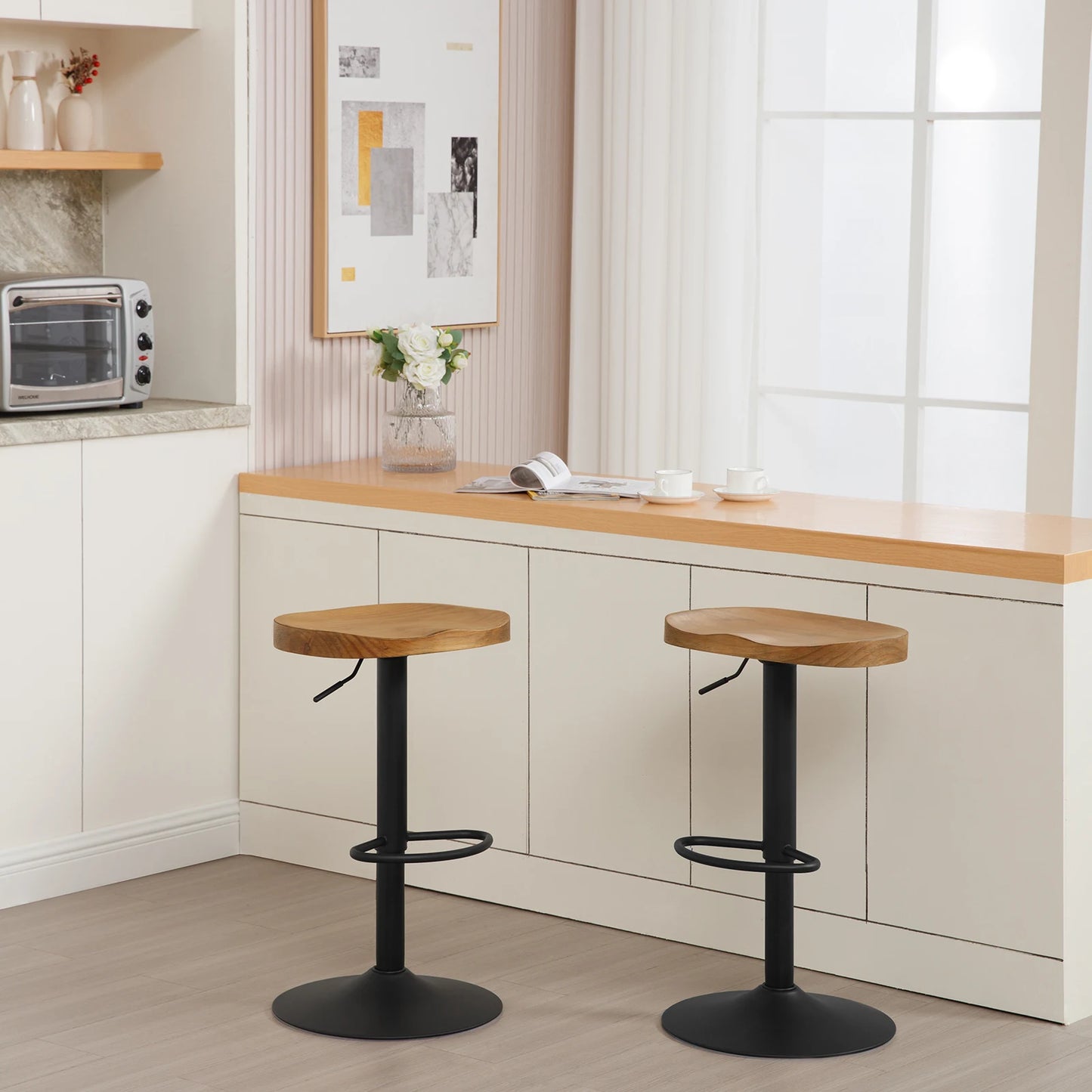 2PCS/SET Industrial Wooden Bar Stool Kitchen Counter Bar Chair 360° Swivel Height Adjustable Stool