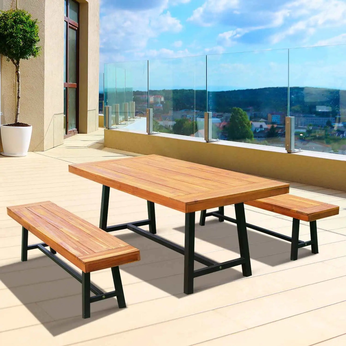 3-Piece Acacia Wood Picnic Table Set with 2 Benches for Indoor and Outdoor Dining