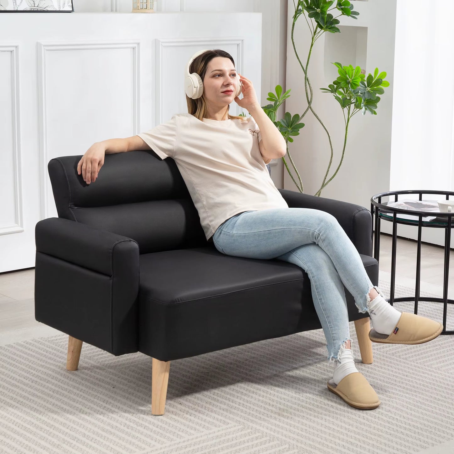 2 Seater Sofa Settee, Modern Faux Leather Couch with Wood Legs