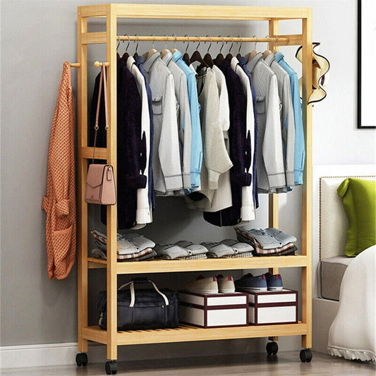 Bamboo Garment Rack with Wheels, Clothing Rack for Hanging Clothes with Hooks, Multi-Functional Bedroom Clothes Rack