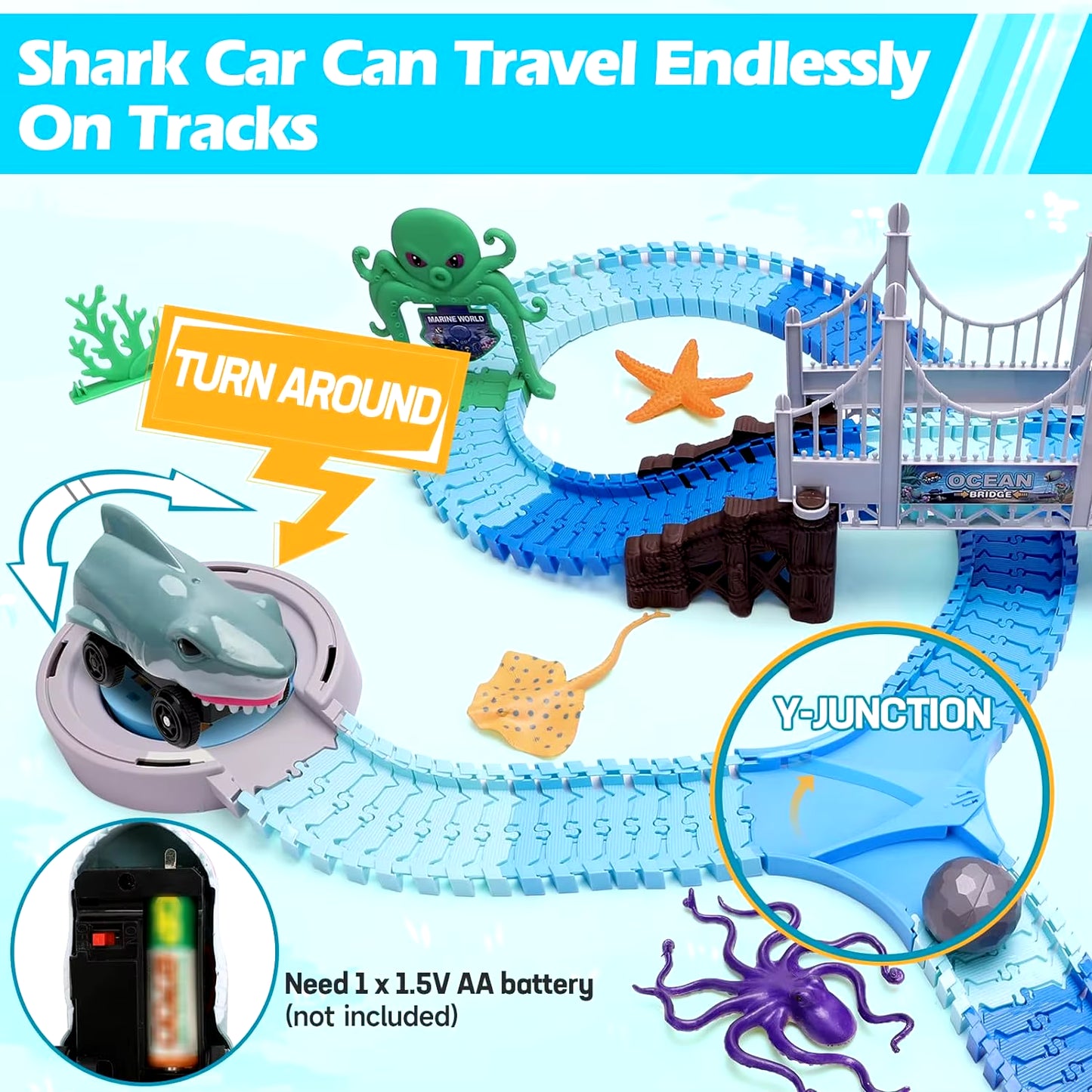 Shark Race Car Track Set - Bendable Flexible Racetrack for Kids 3+ | STEM Ocean Train Toy for Boys & Girls