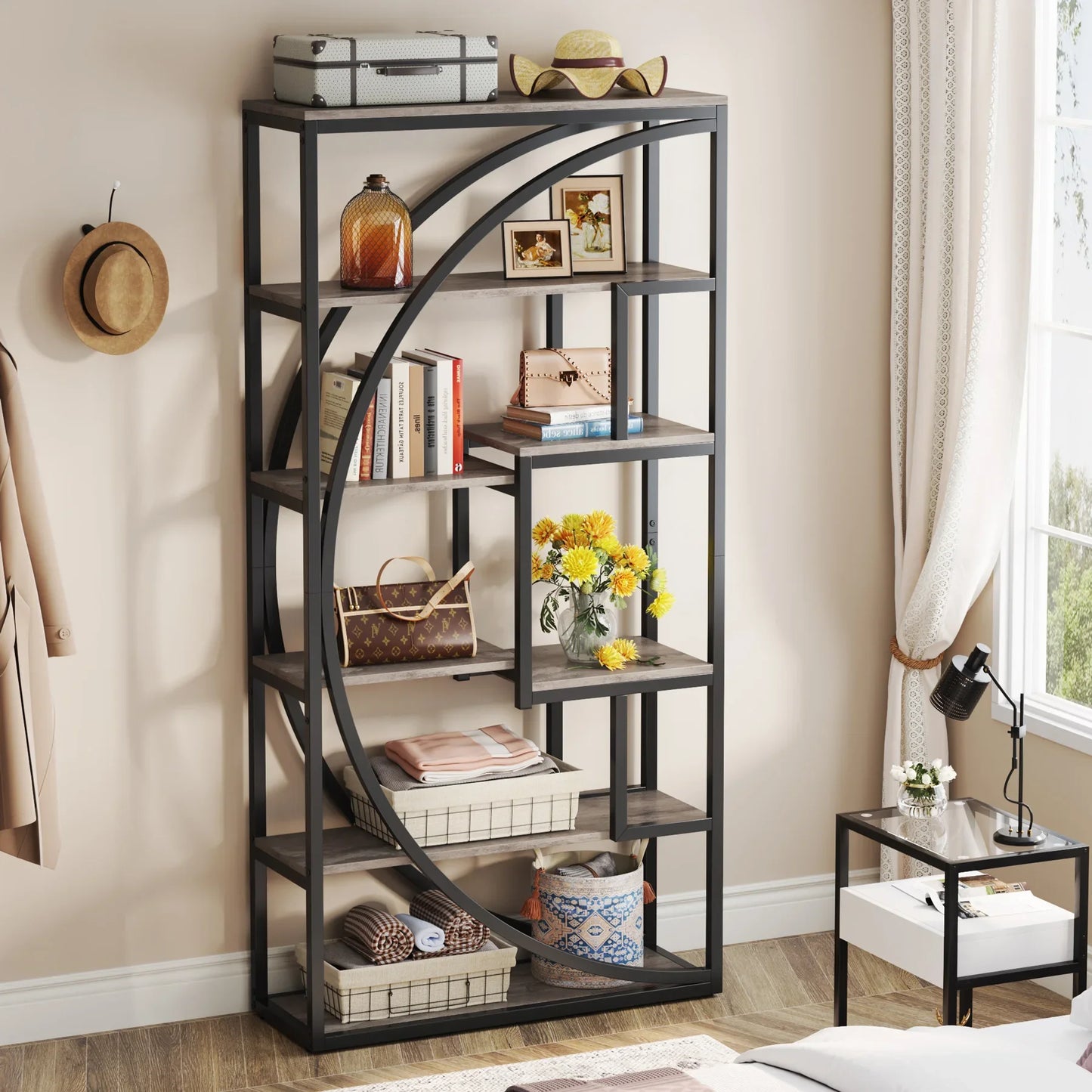 Industrial 5-Tier Etagere 70.8 Inch Tall Bookshelf with 8 Open Storage, Vintage Grey