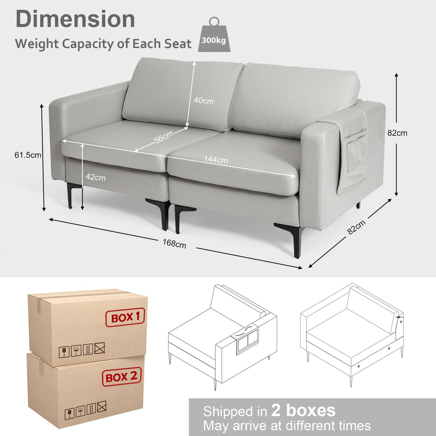 2-Seat Modern Sofa Couch with Detachable Remote Control Holder