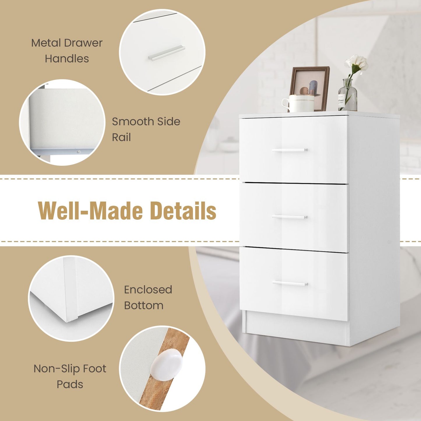 3-Drawer Wooden Dresser Cabinet with Anti-Toppling Device