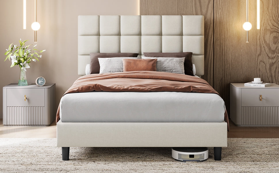 Upholstered Bed Frame, Modern Platform Bed Frame with Strong Wooden Slats Support and Square Tufted Headboard Height Adjustable