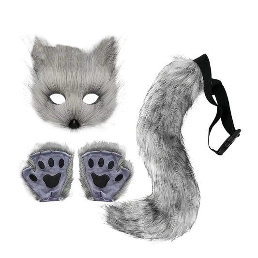 Simulated Costume Halloween Set with Plush Gloves Mask and Tail Prop Furry Tail Can Be Placed
