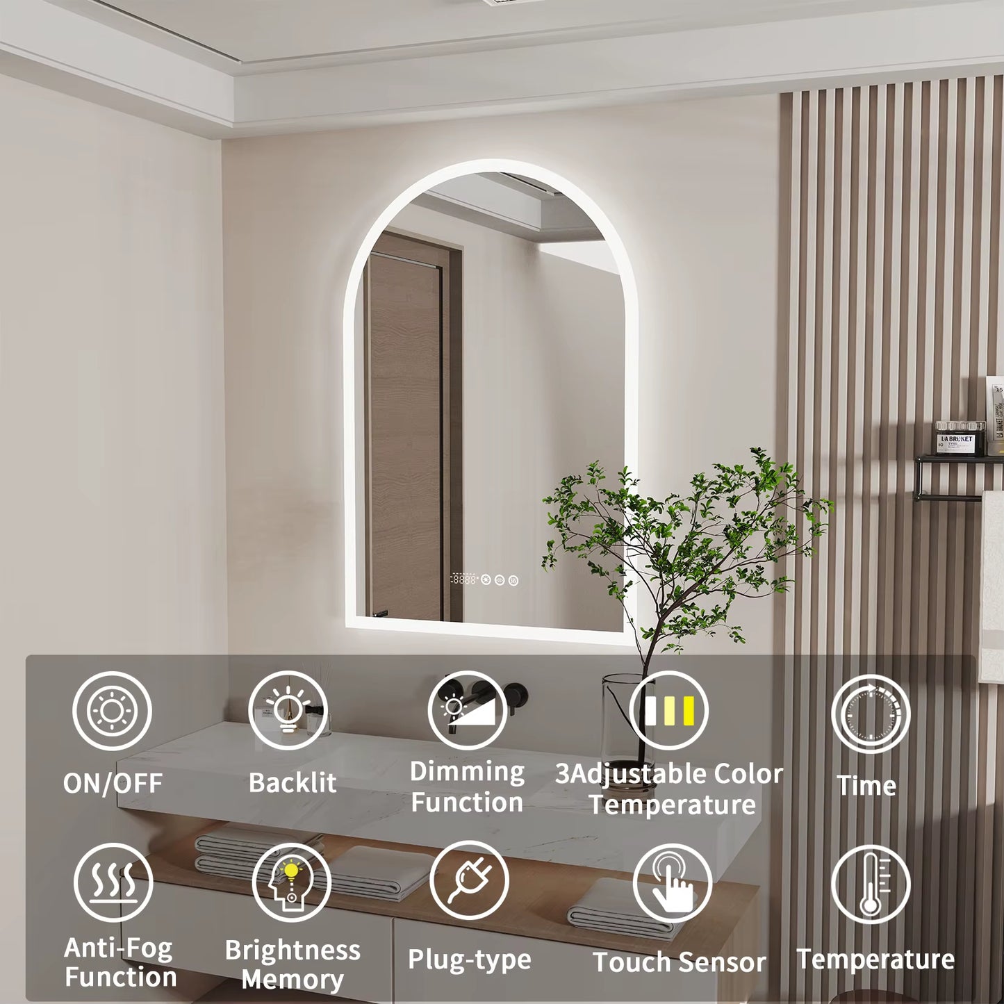 Illuminate Your Space: 36" x 24" Arched Dimmable Backlit Smart LED Bathroom Mirror with Anti-Fog, Time & Temperature Display, and CRI 95