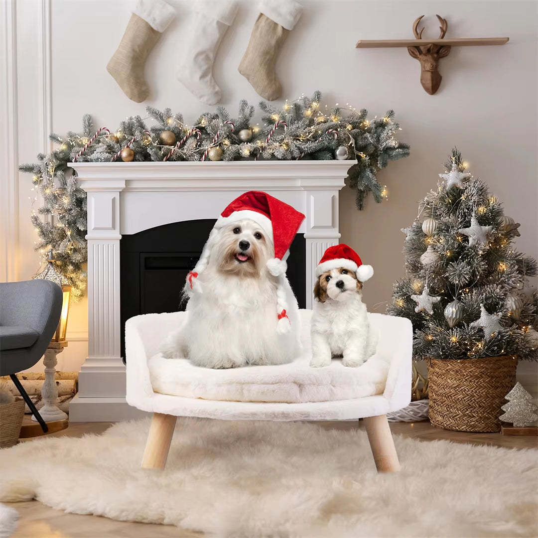 Luxurious Plush Cat Bed with Stylish Wooden Legs & Easy-Clean Waterproof Cushion for Small Pets