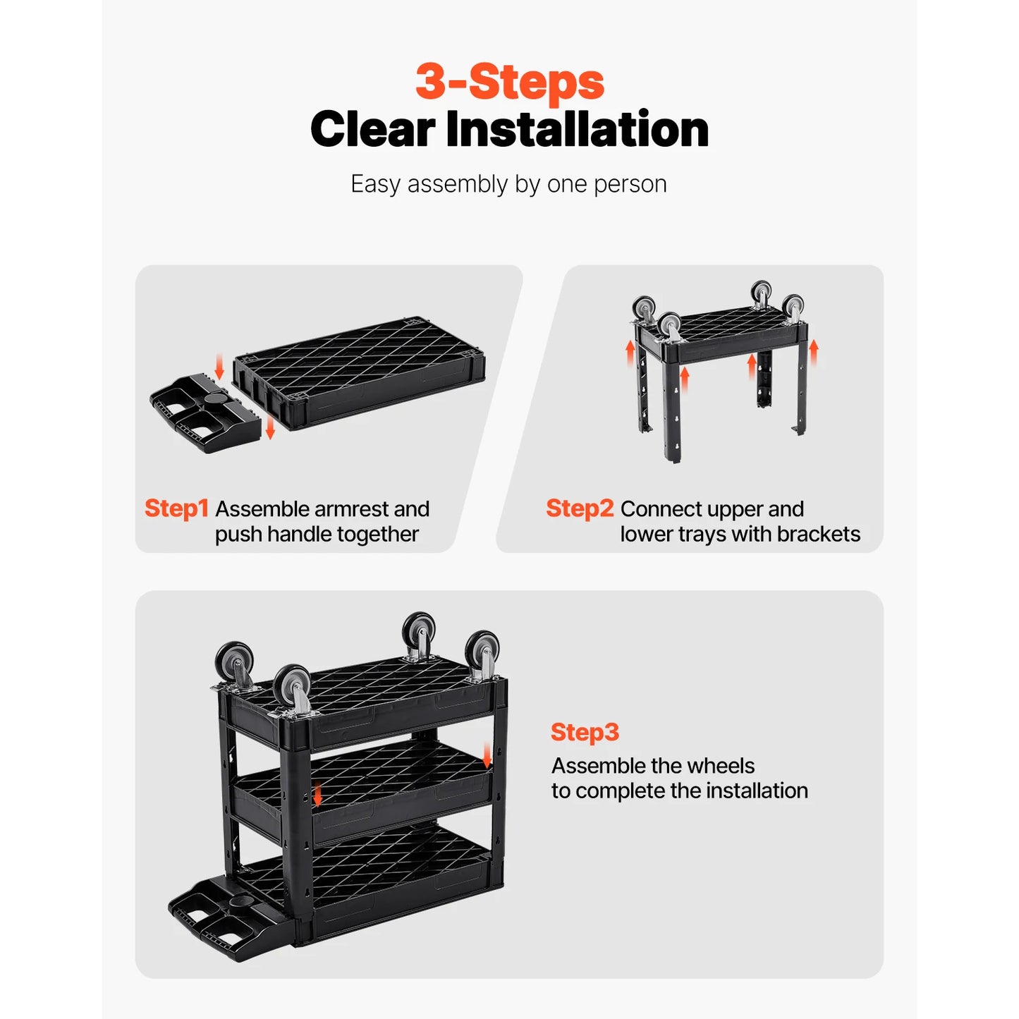 2/3 Shelf Utility Service Cart Heavy Duty with 360° Swivel Wheels Ergonomic Storage Handle for Warehouse/Garage/Cleaning