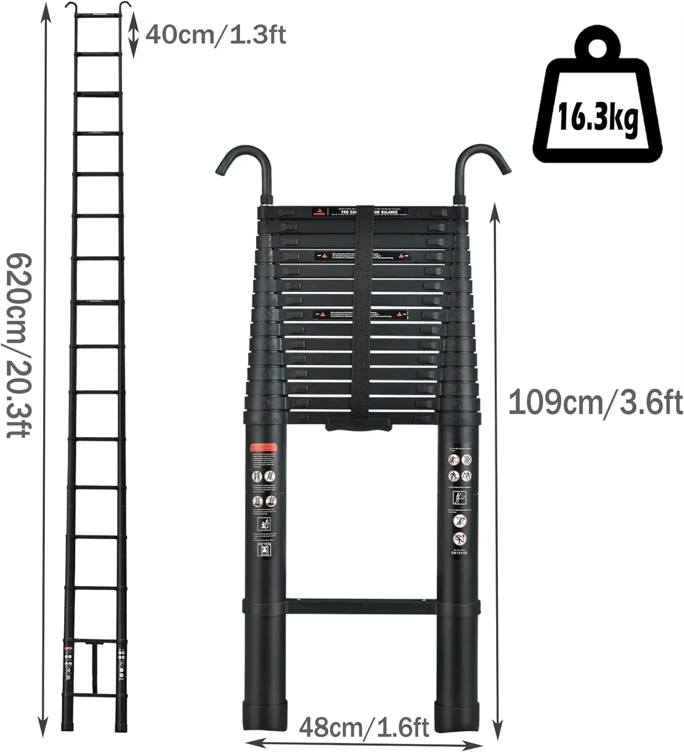 6.2M Heavy Duty Telescopic Ladders with Hooks 14 Steps Aluminum Extending Roof Ladder for Multi-Purpose Indoor Outdoor Ladder
