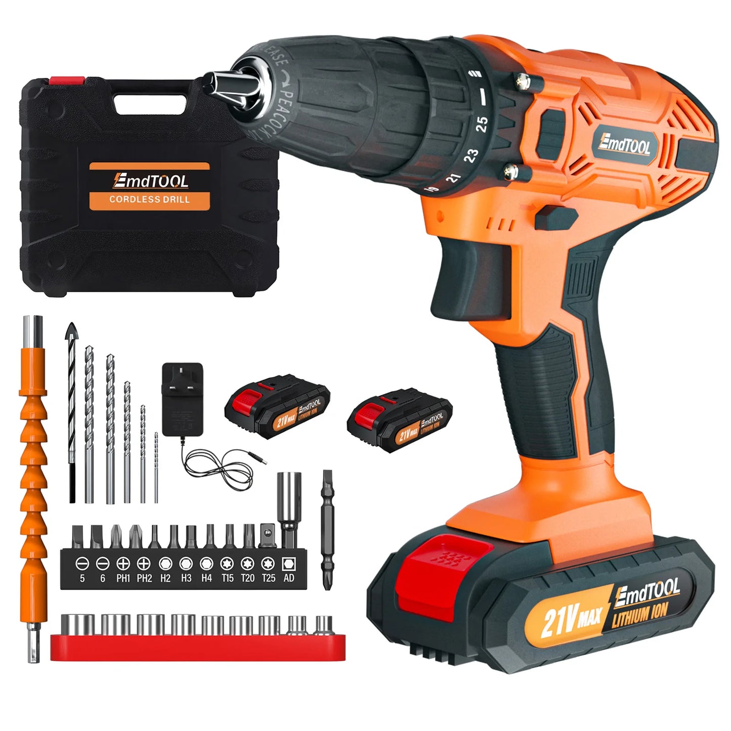 Cordless Drill Driver 21V Battery Drill Set Electric Screwdriver Set, 25+1 Torque Setting, 2 Speed, LED Light for Home