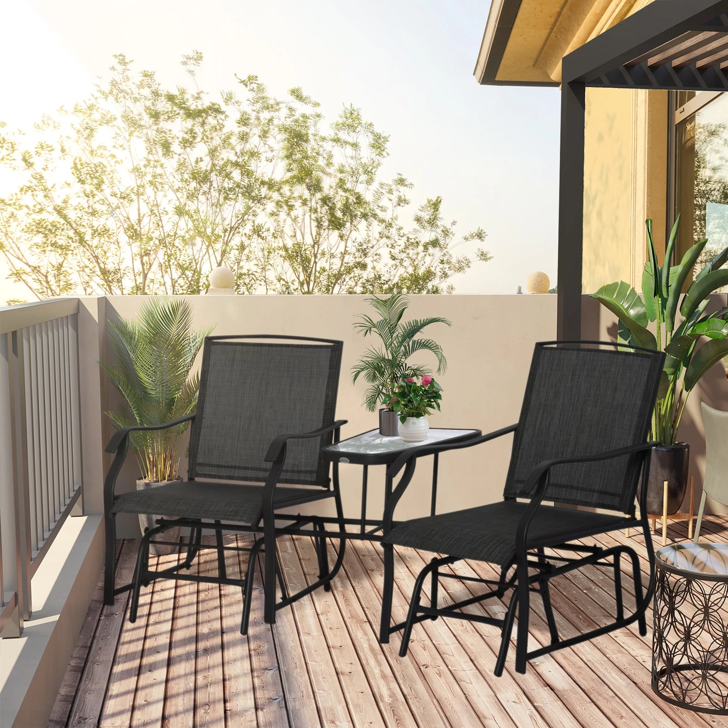 Black Double Glider Rocking Chair Loveseat with Garden Table