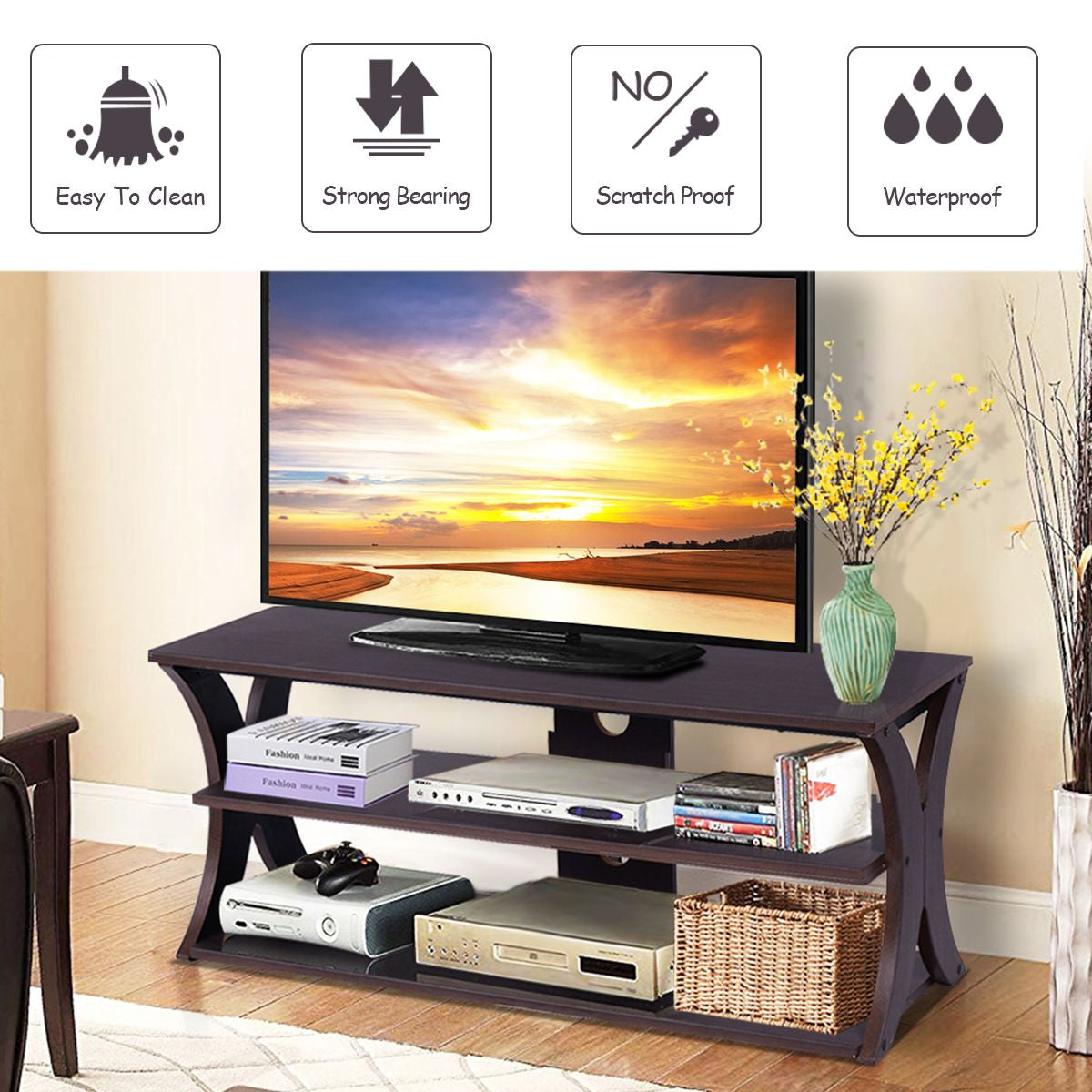 Media Console Table with Open Storage Shelves for Living Room Bedroom