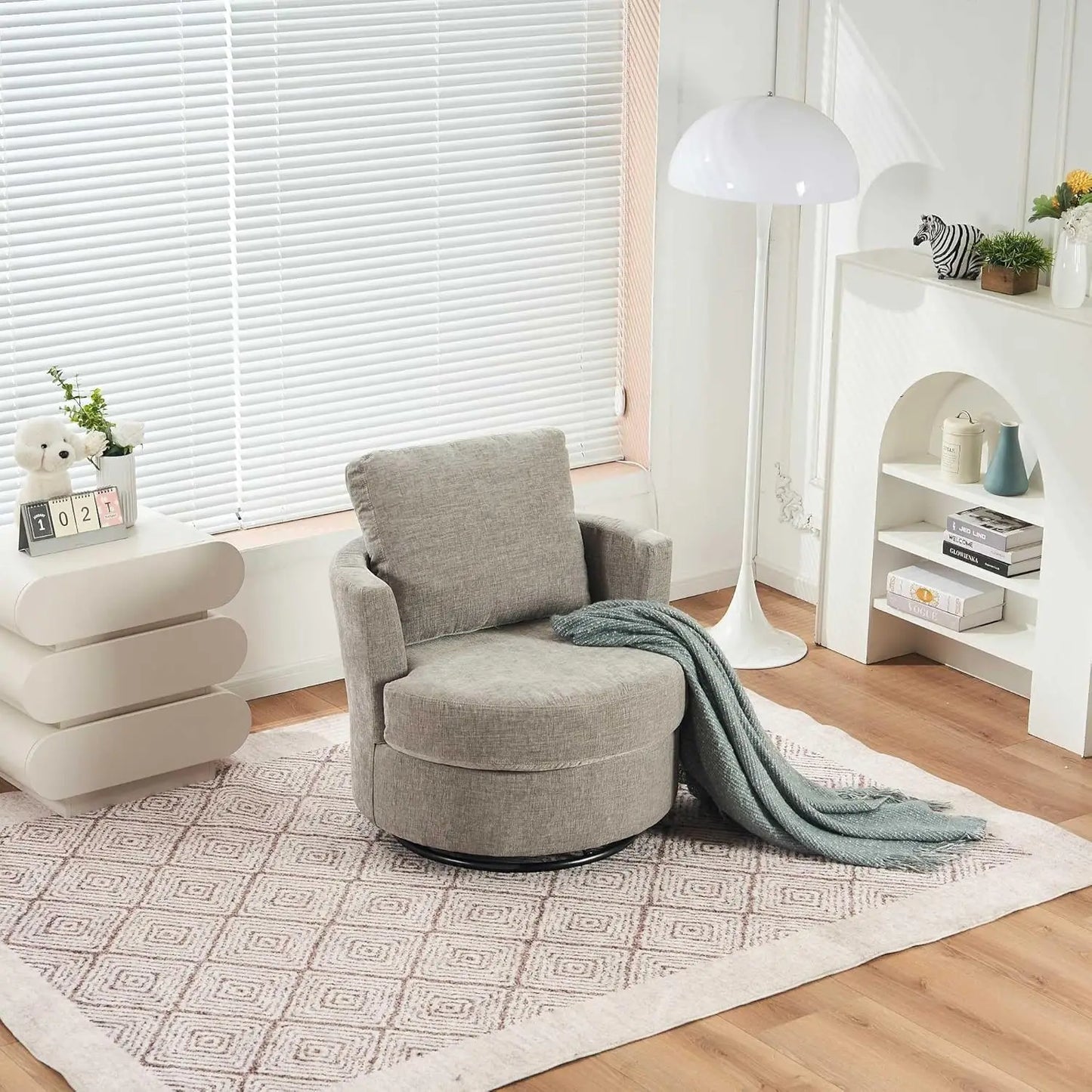Luxurious Medium Grey Swivel Armchair with Plush Back Cushion and Thick Foam Padding