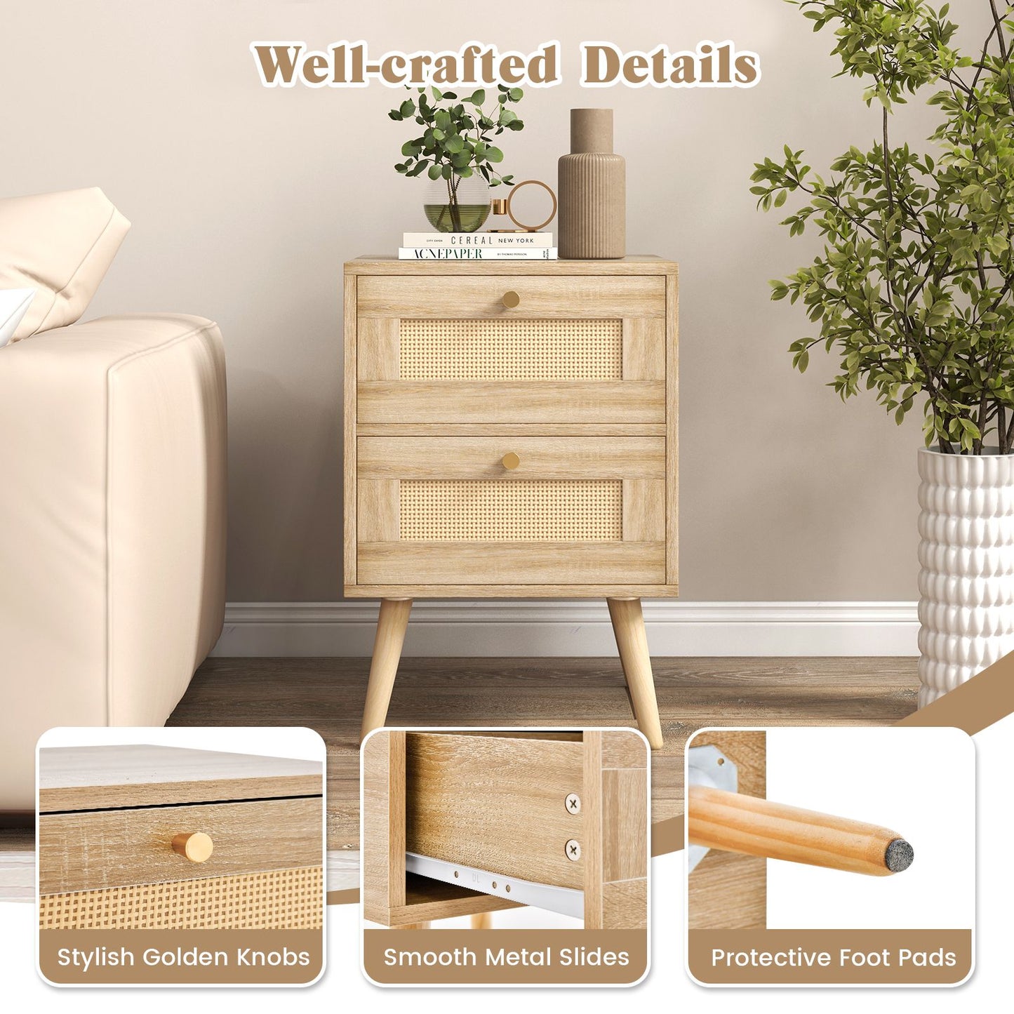 Boho Accent Rattan Nightstand Bedside Table with 2 Storage Drawers