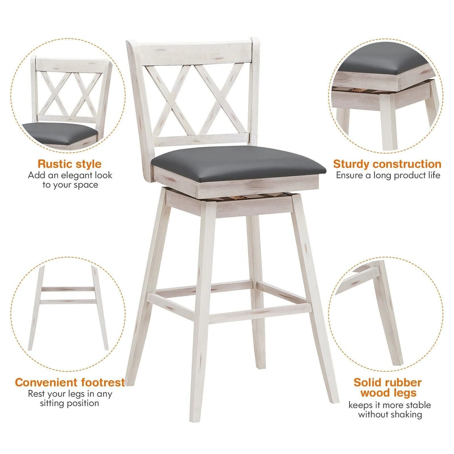 Set of 2 Counter Height Bar Stool with Foot Rest Upholstered Cushion