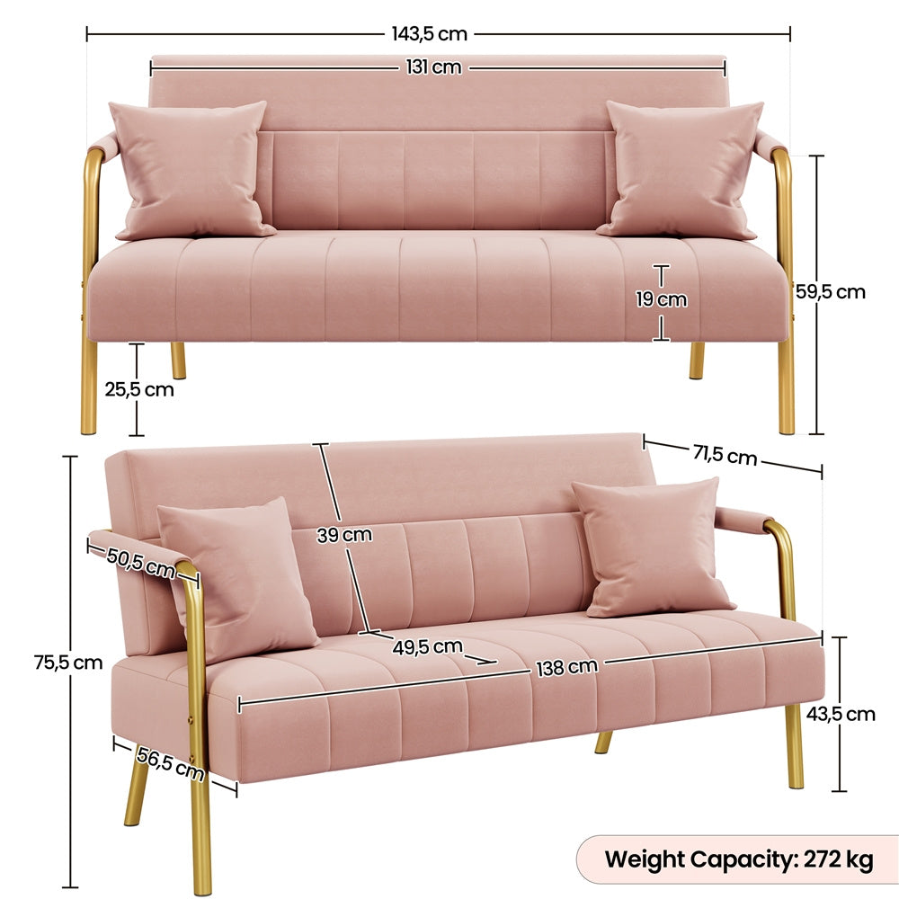 Sofa Couch Modern Velvet 143cm Loveseat with Gold-tone Metal Arms & Legs, Upholstered Design, Includes 2 Pillows