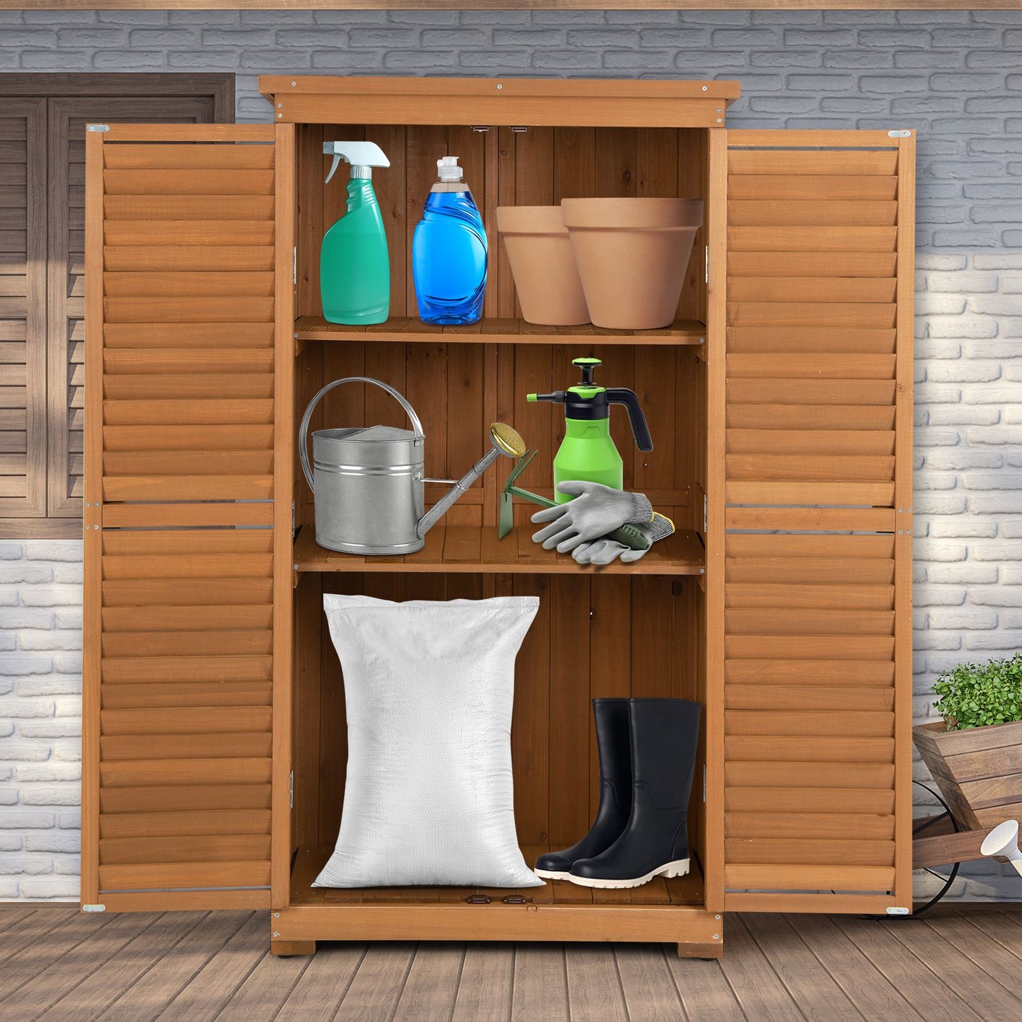 Outdoor Wooden Storage Shed with 3 Removable Shelves for Garden Deck