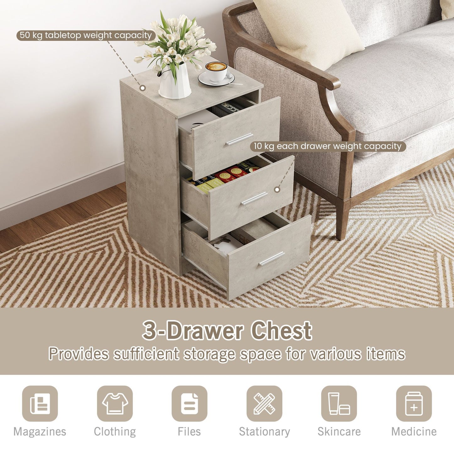 3-Drawer Wooden Dresser Cabinet with Anti-Toppling Device